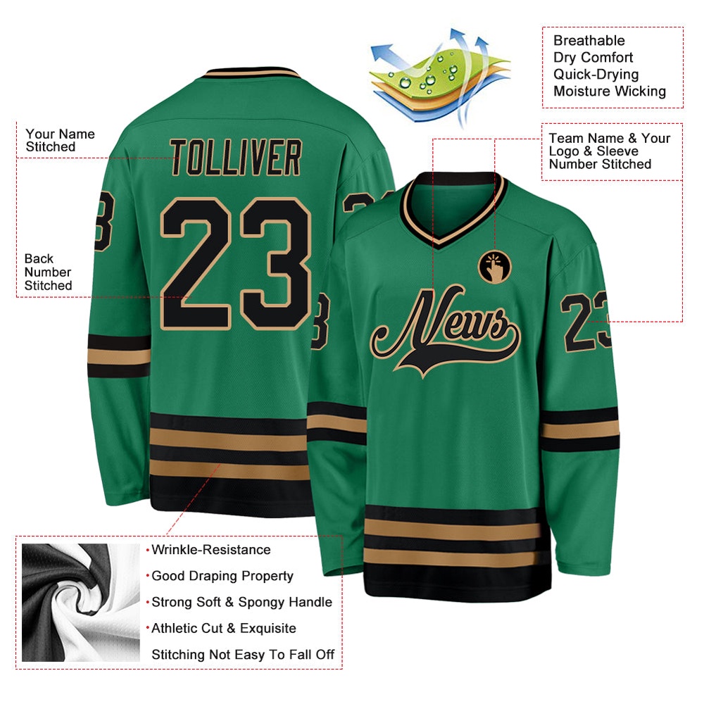 Custom Kelly Green Black Old Gold Hockey Jersey, New Hockey Jersey, Personali Sport Team Jersey Shirt