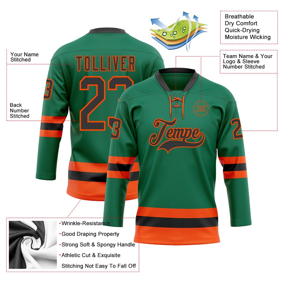 Custom Kelly Green Black Orange Hockey Lace Neck Jersey, New Hockey Jersey, Personali Sport Team Jersey Shirt