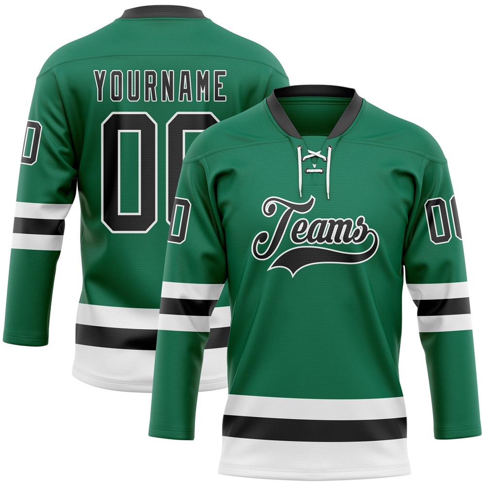 Custom Kelly Green Black White Hockey Lace Neck Jersey, New Hockey Jersey, Personali Sport Team Jersey Shirt