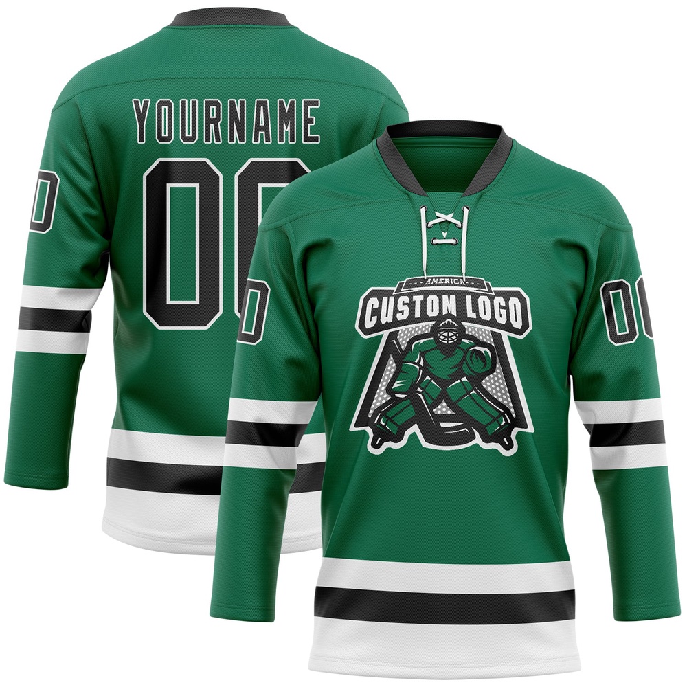 Custom Kelly Green Black White Hockey Lace Neck Jersey, New Hockey Jersey, Personali Sport Team Jersey Shirt
