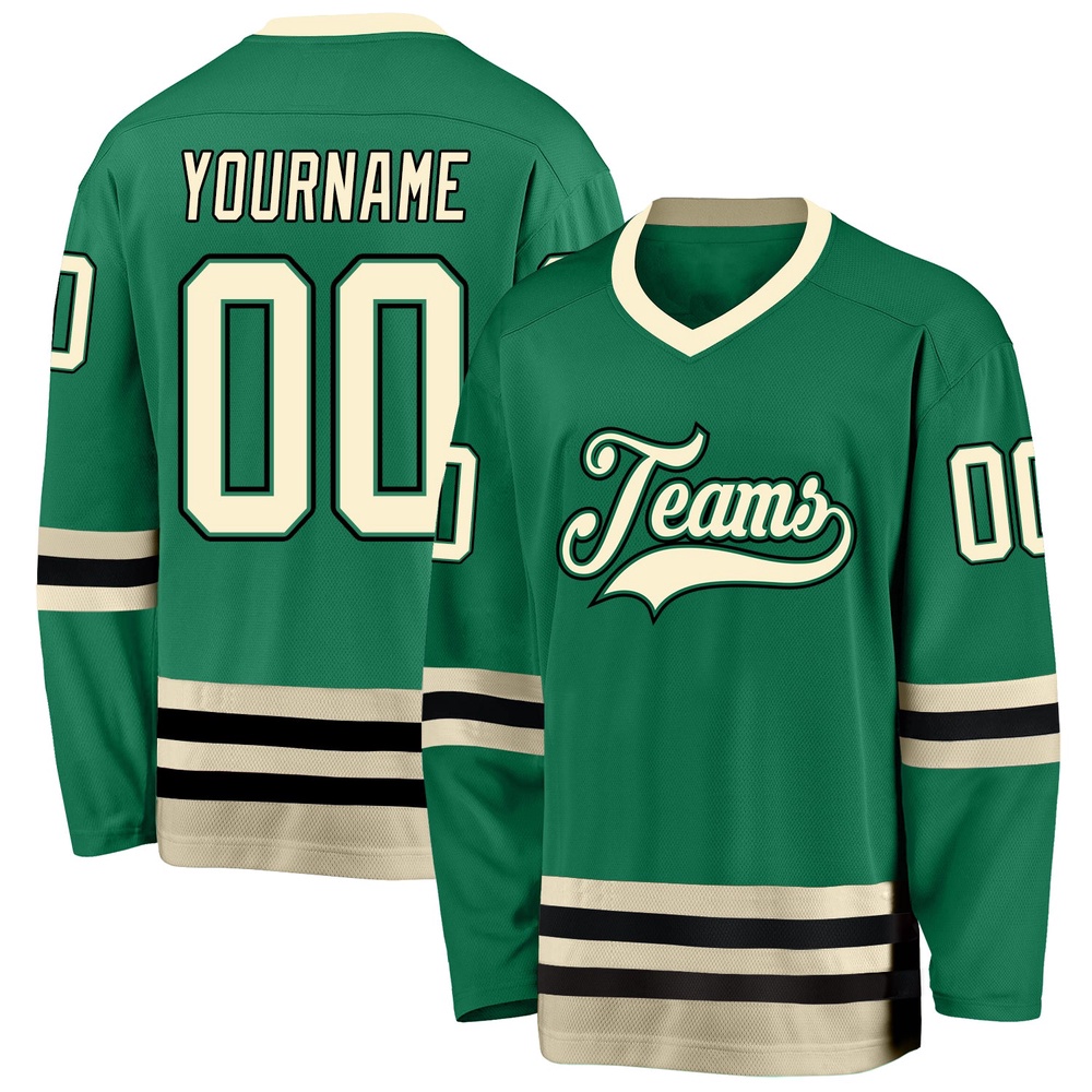 Custom Kelly Green Cream Black Hockey Jersey, New Hockey Jersey, Personali Sport Team Jersey Shirt