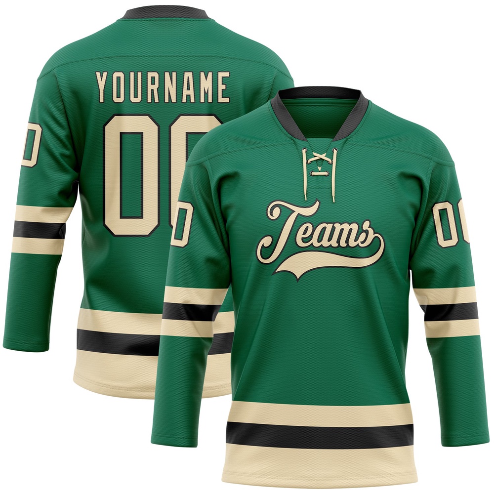 Custom Kelly Green Cream Black Hockey Lace Neck Jersey, New Hockey Jersey, Personali Sport Team Jersey Shirt