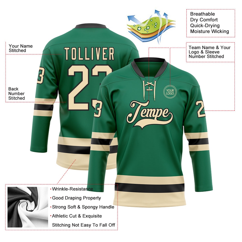 Custom Kelly Green Cream Black Hockey Lace Neck Jersey, New Hockey Jersey, Personali Sport Team Jersey Shirt