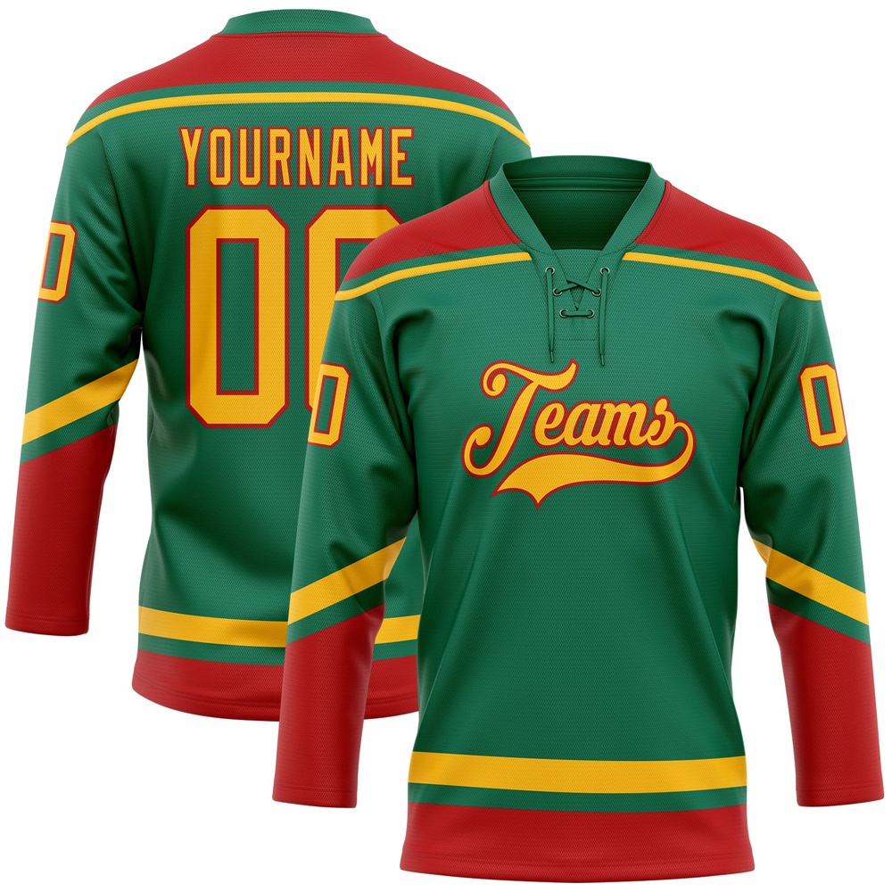 Custom Kelly Green Gold Red Hockey Lace Neck Jersey, New Hockey Jersey, Personali Sport Team Jersey Shirt