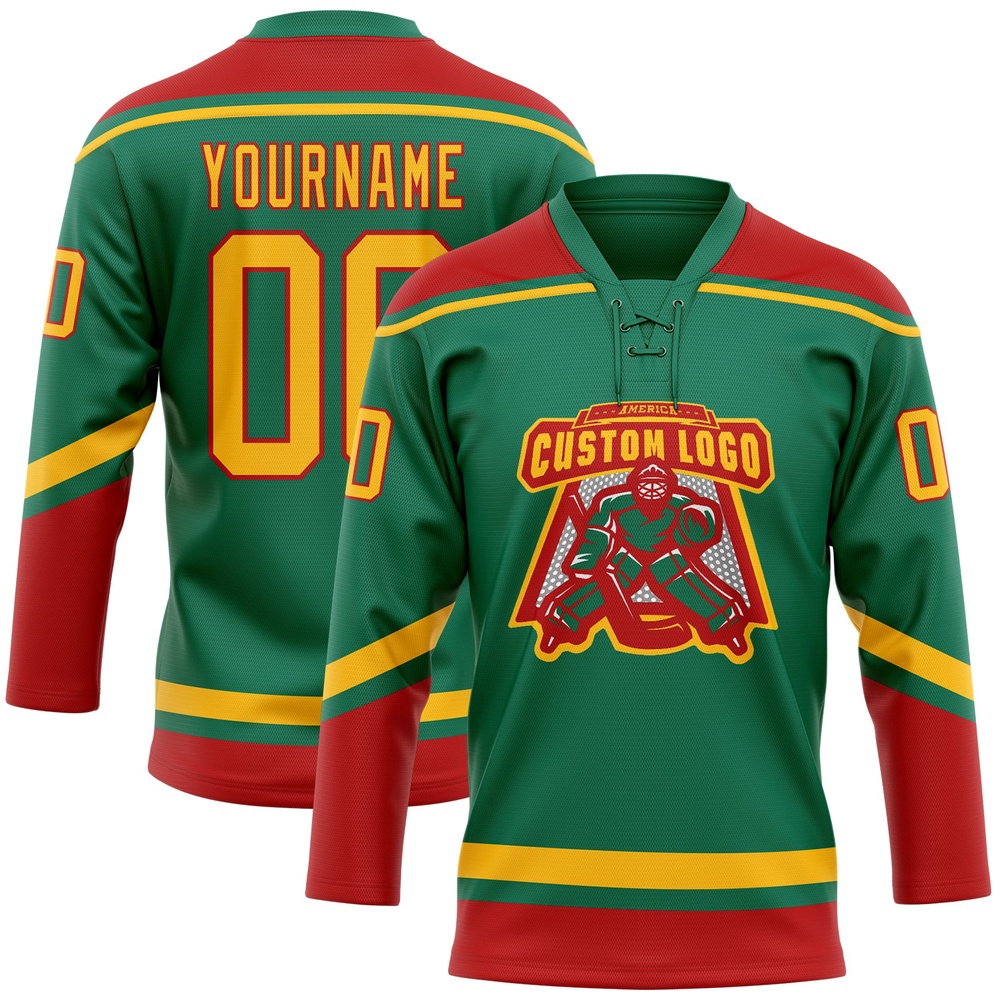 Custom Kelly Green Gold Red Hockey Lace Neck Jersey, New Hockey Jersey, Personali Sport Team Jersey Shirt