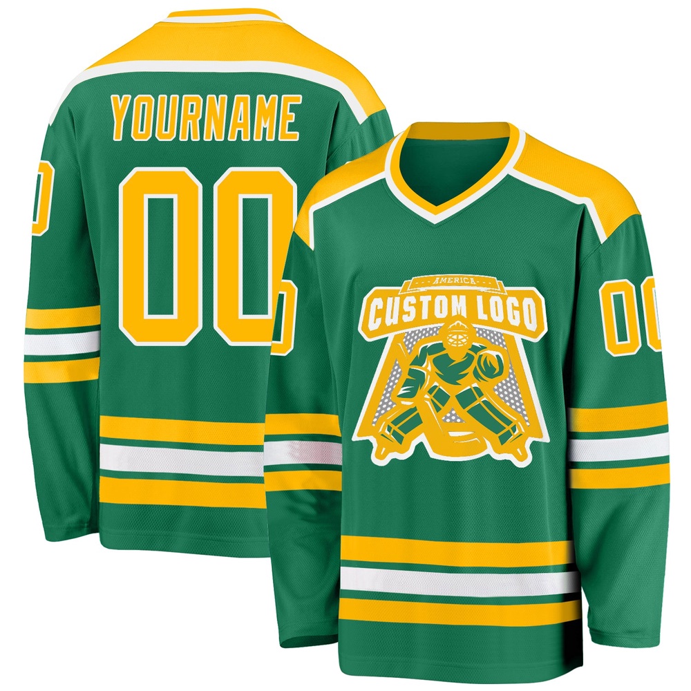 Custom Kelly Green Gold White Hockey Jersey, New Hockey Jersey, Personali Sport Team Jersey Shirt