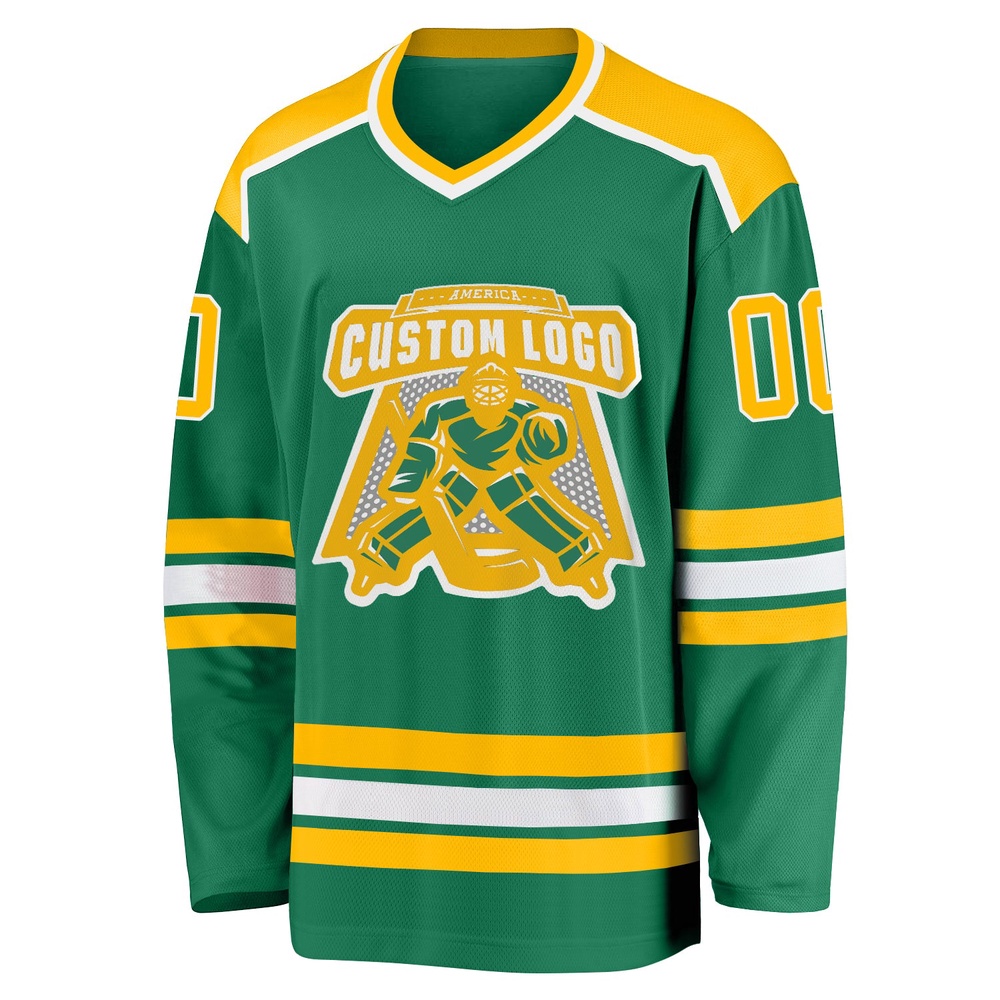 Custom Kelly Green Gold White Hockey Jersey, New Hockey Jersey, Personali Sport Team Jersey Shirt