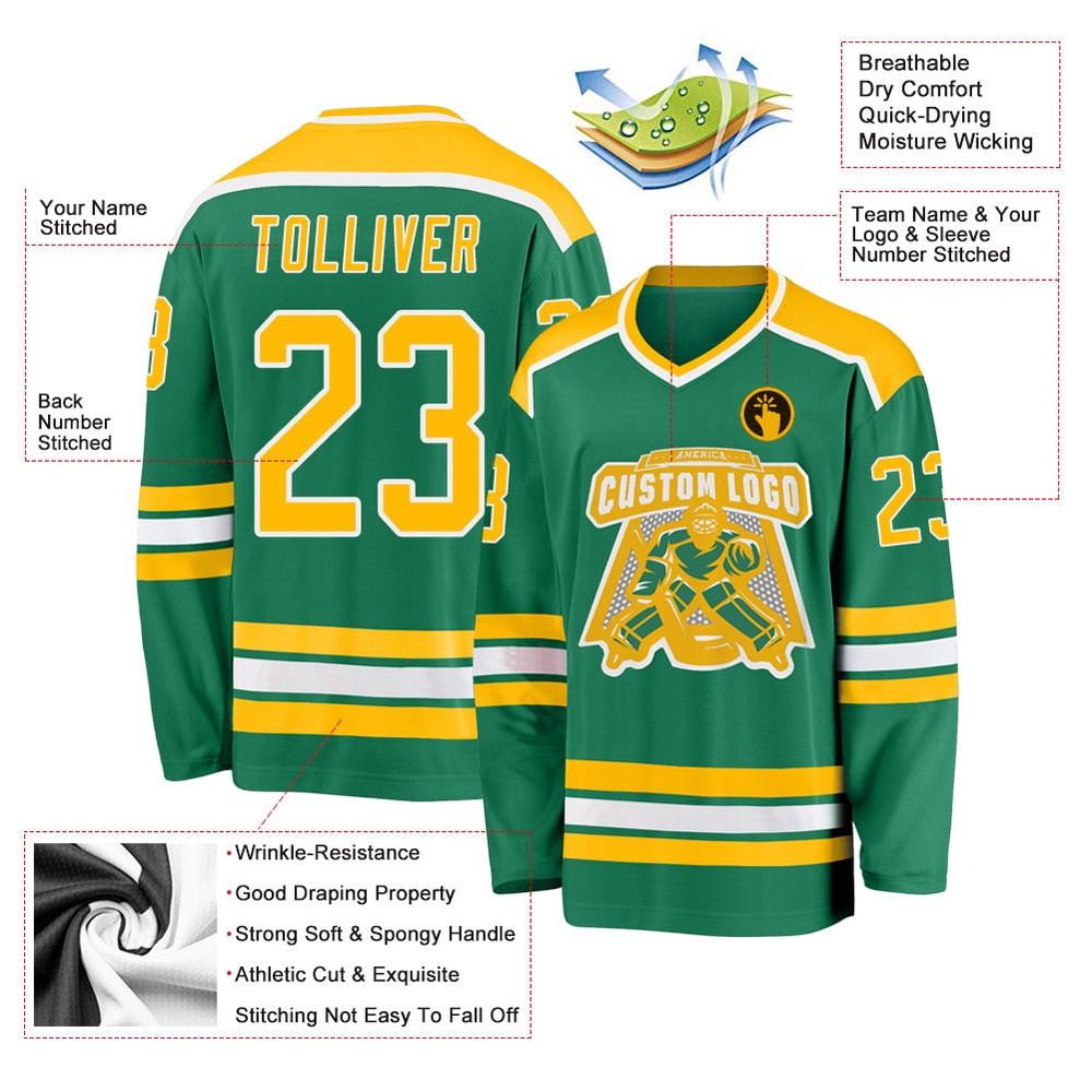 Custom Kelly Green Gold White Hockey Jersey, New Hockey Jersey, Personali Sport Team Jersey Shirt