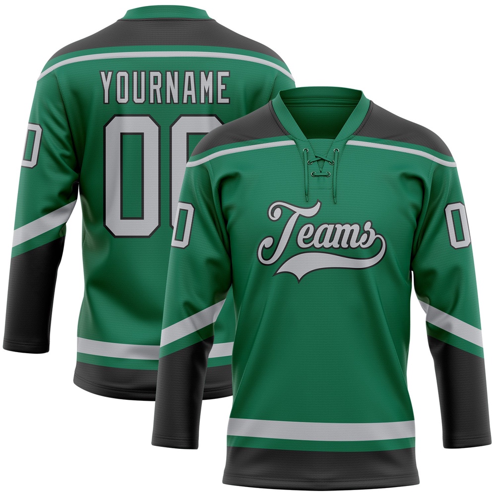 Custom Kelly Green Gray Black Hockey Lace Neck Jersey, New Hockey Jersey, Personali Sport Team Jersey Shirt
