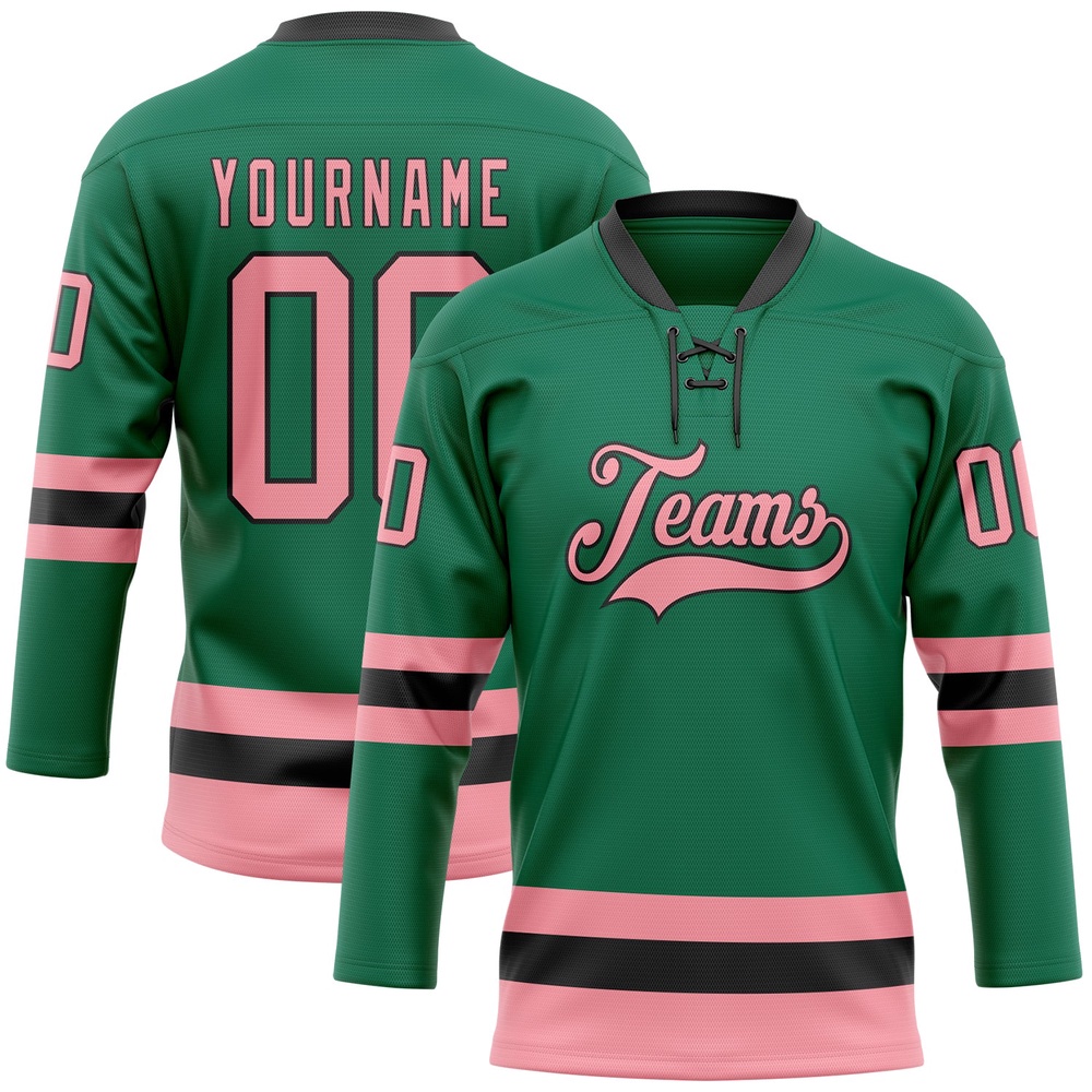 Custom Kelly Green Medium Pink Black Hockey Lace Neck Jersey, New Hockey Jersey, Personali Sport Team Jersey Shirt