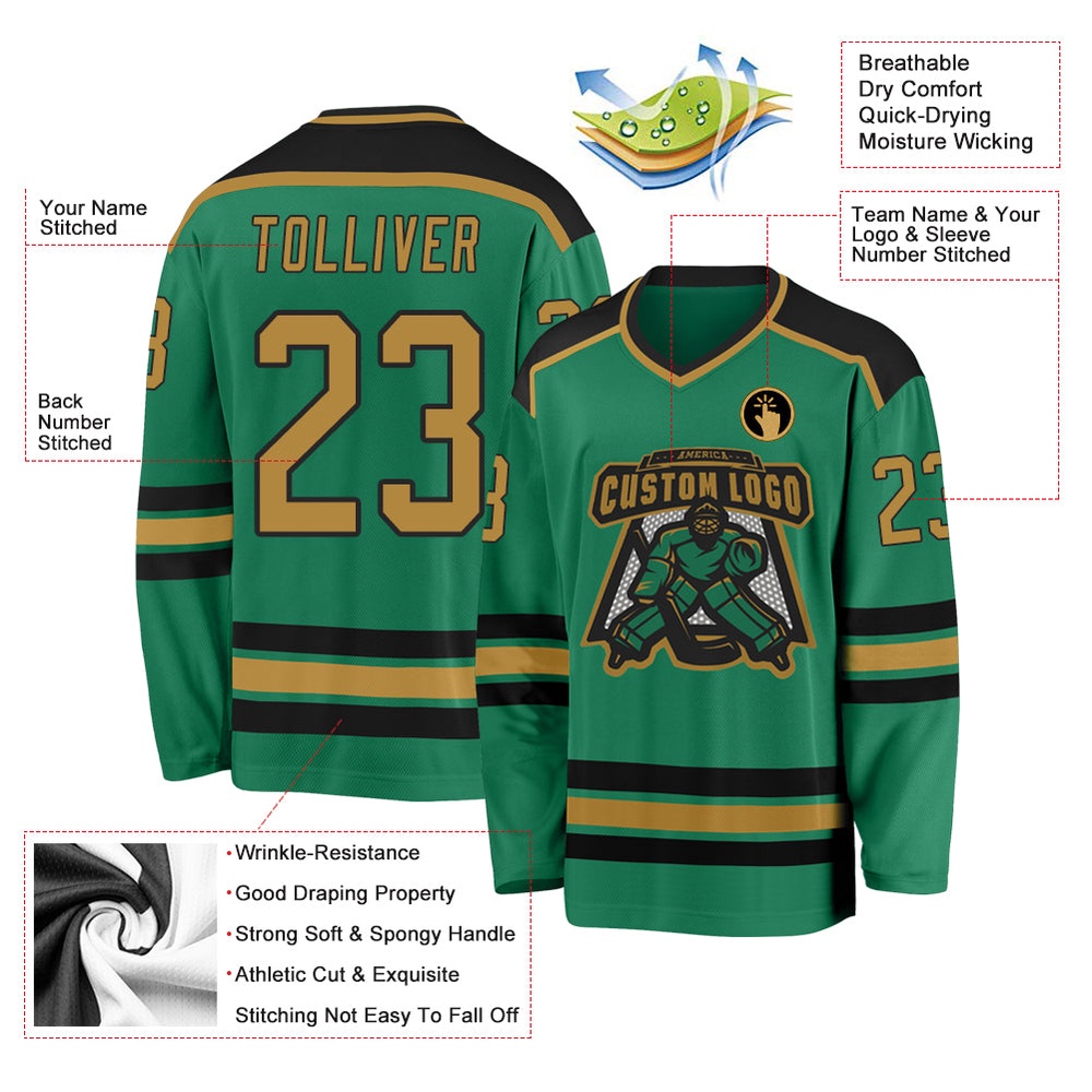 Custom Kelly Green Old Gold Black Hockey Jersey, New Hockey Jersey, Personali Sport Team Jersey Shirt