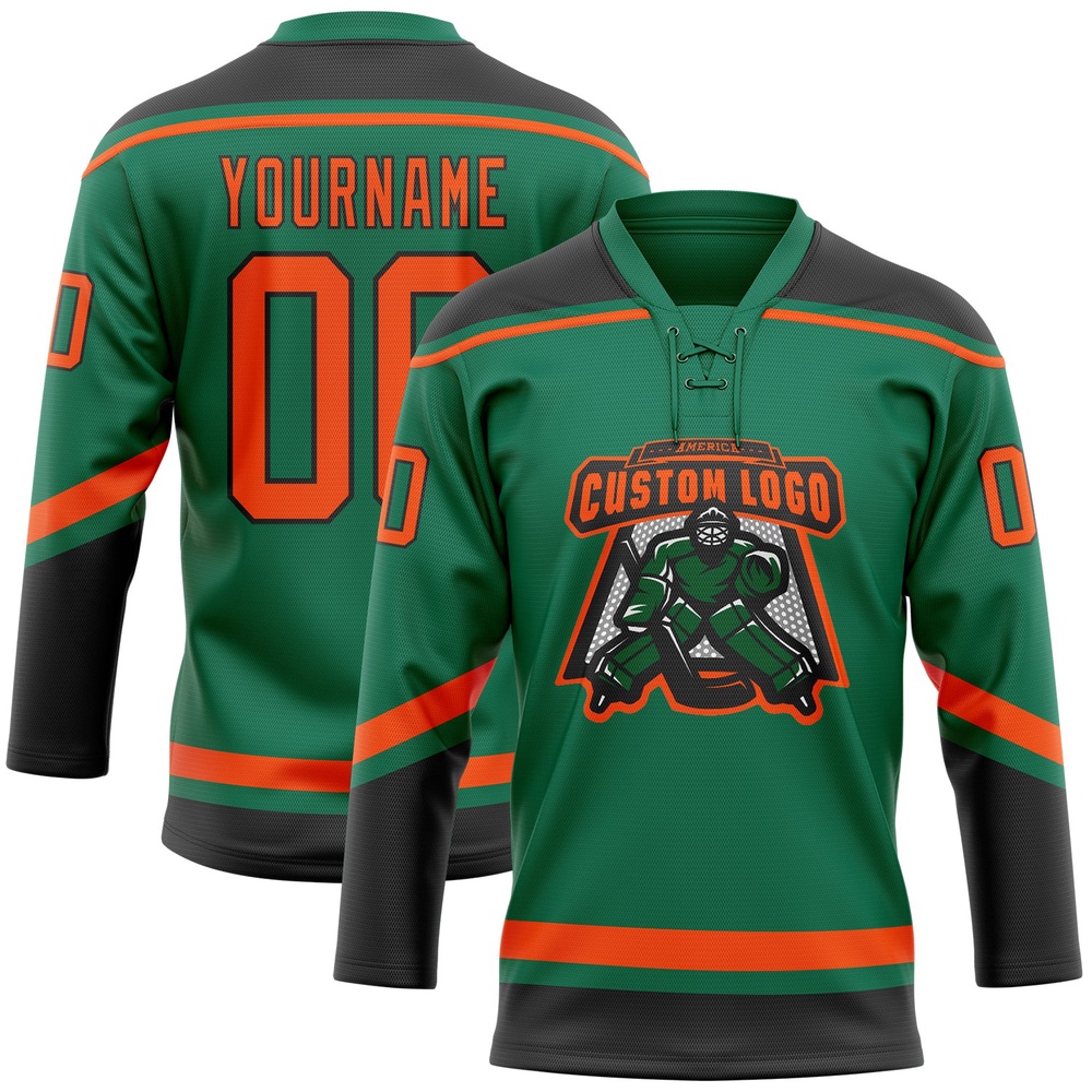 Custom Kelly Green Orange Black Hockey Lace Neck Jersey, New Hockey Jersey, Personali Sport Team Jersey Shirt