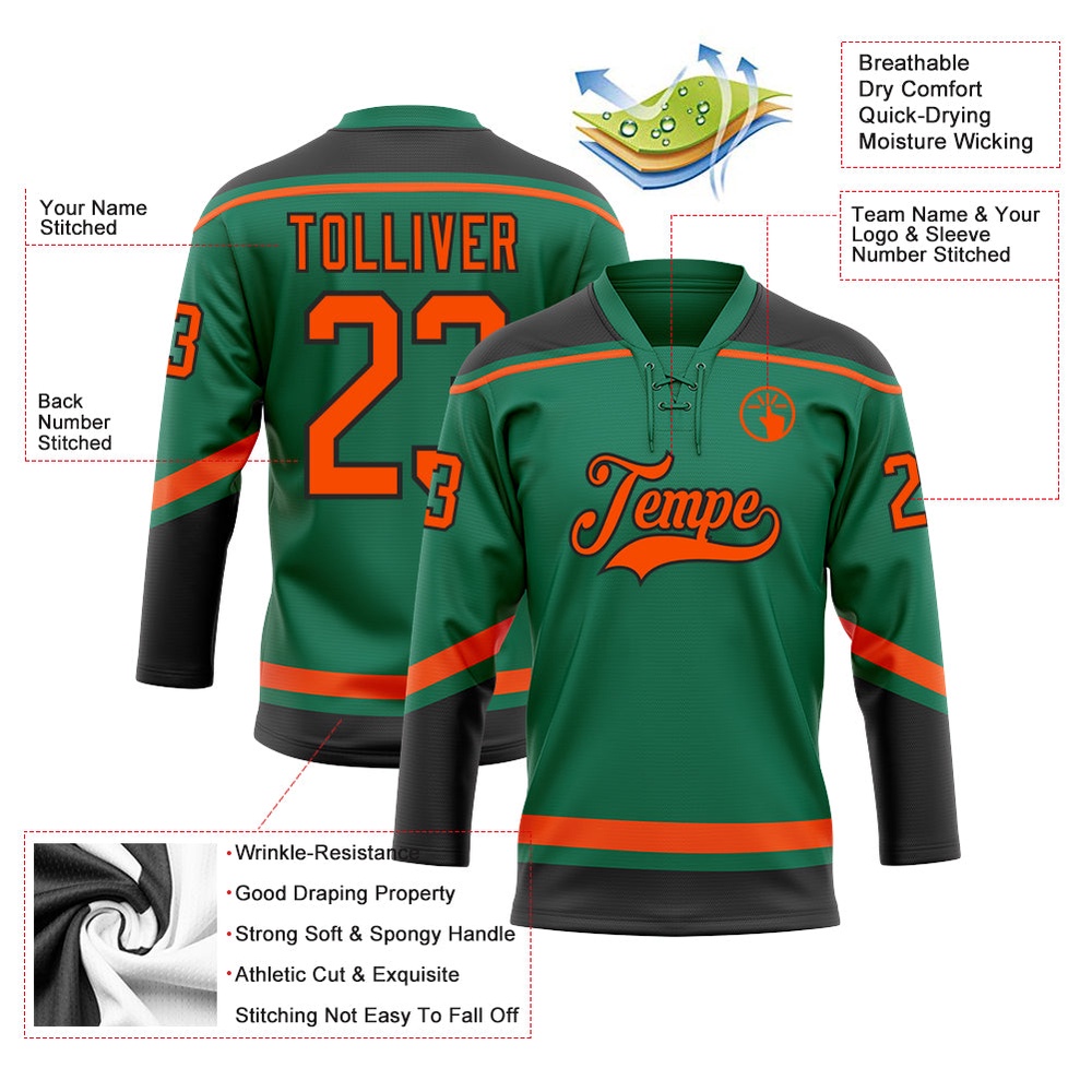 Custom Kelly Green Orange Black Hockey Lace Neck Jersey, New Hockey Jersey, Personali Sport Team Jersey Shirt