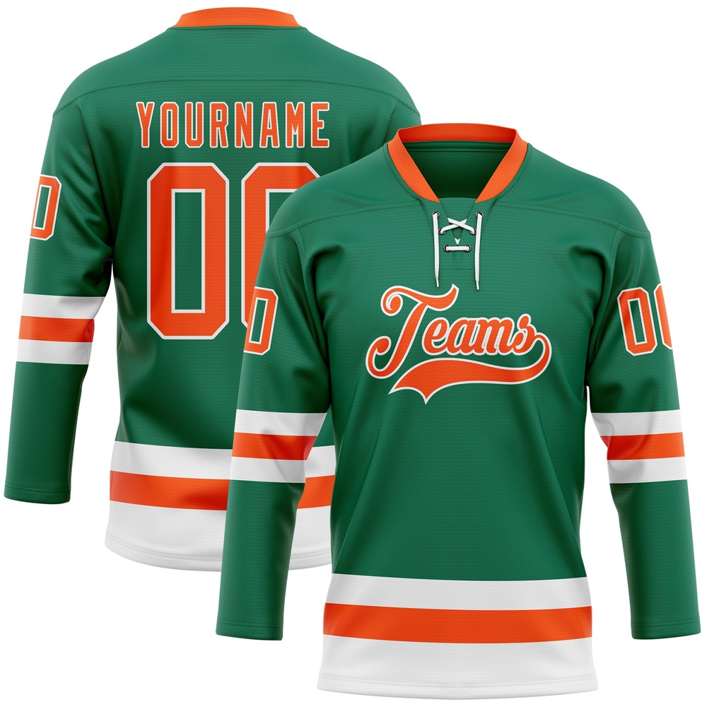 Custom Kelly Green Orange White Hockey Lace Neck Jersey, New Hockey Jersey, Personali Sport Team Jersey Shirt