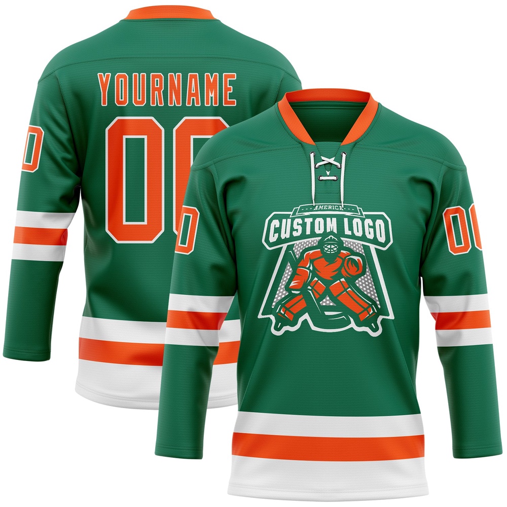 Custom Kelly Green Orange White Hockey Lace Neck Jersey, New Hockey Jersey, Personali Sport Team Jersey Shirt