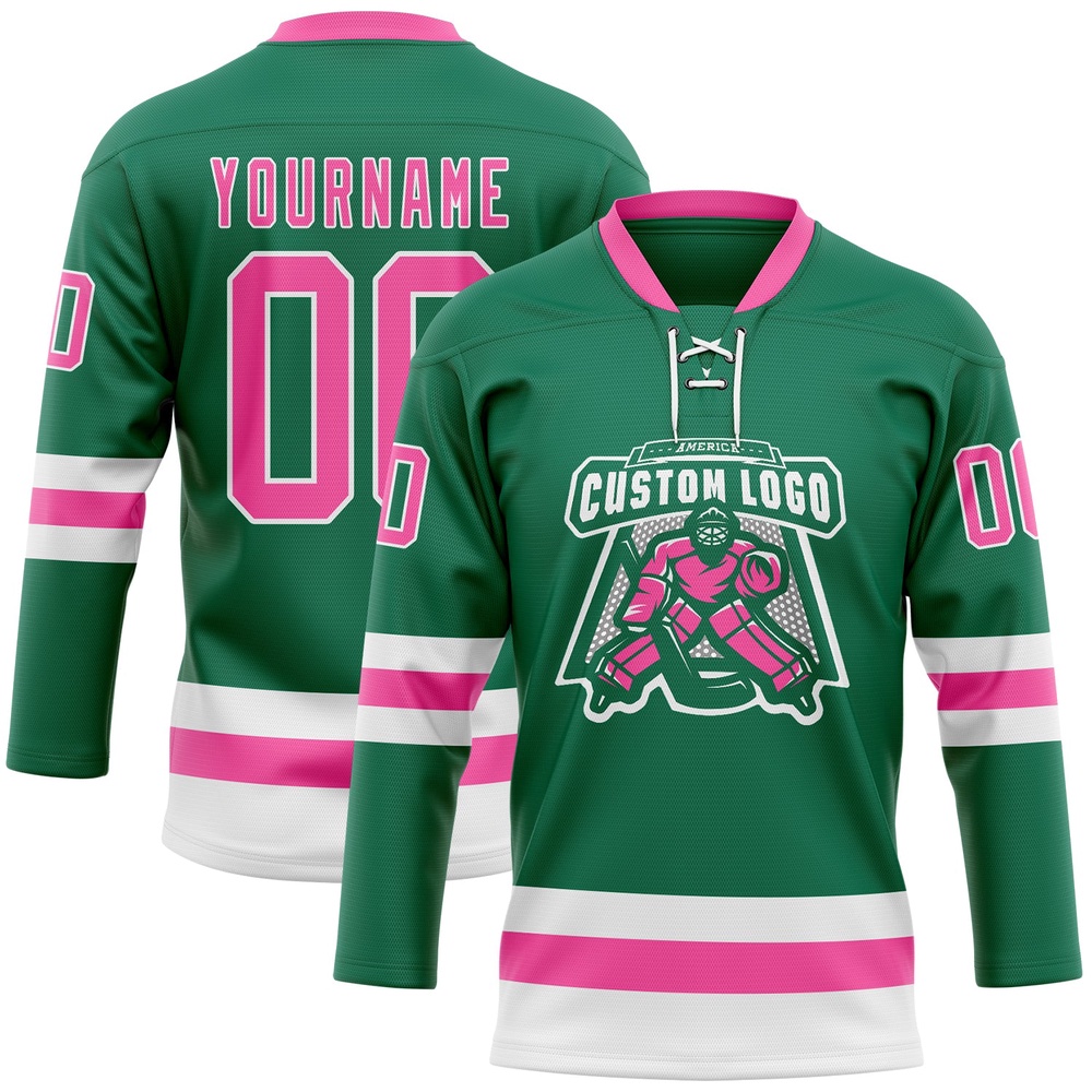 Custom Kelly Green Pink White Hockey Lace Neck Jersey, New Hockey Jersey, Personali Sport Team Jersey Shirt