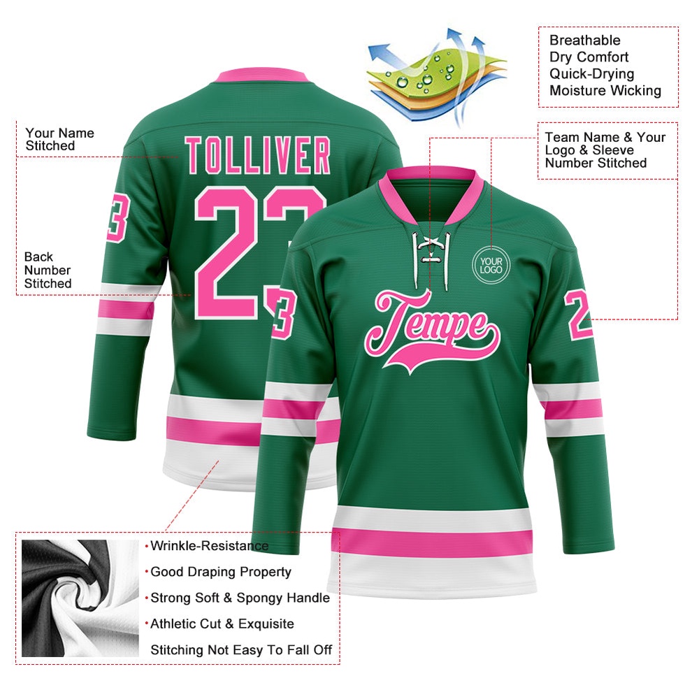Custom Kelly Green Pink White Hockey Lace Neck Jersey, New Hockey Jersey, Personali Sport Team Jersey Shirt