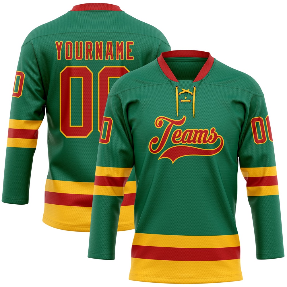 Custom Kelly Green Red Gold Hockey Lace Neck Jersey, New Hockey Jersey, Personali Sport Team Jersey Shirt