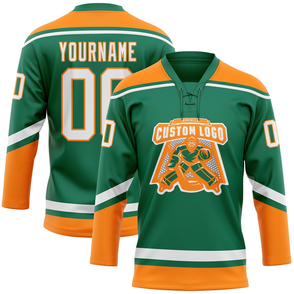 Custom Kelly Green White Bay Orange Hockey Lace Neck Jersey, New Hockey Jersey, Personali Sport Team Jersey Shirt Custom Kelly Green White Bay Orange Hockey Lace Neck Jersey, New Hockey Jersey, Personali Sport Team Jersey Shirt