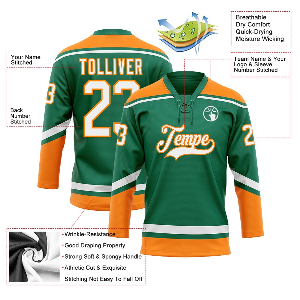 Custom Kelly Green White Bay Orange Hockey Lace Neck Jersey, New Hockey Jersey, Personali Sport Team Jersey Shirt Custom Kelly Green White Bay Orange Hockey Lace Neck Jersey, New Hockey Jersey, Personali Sport Team Jersey Shirt