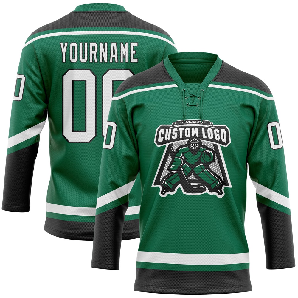 Custom Kelly Green White Black Hockey Lace Neck Jersey, New Hockey Jersey, Personali Sport Team Jersey Shirt