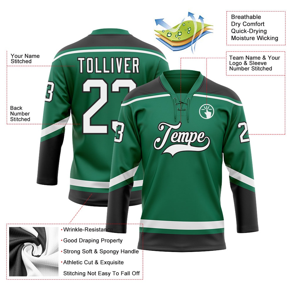 Custom Kelly Green White Black Hockey Lace Neck Jersey, New Hockey Jersey, Personali Sport Team Jersey Shirt