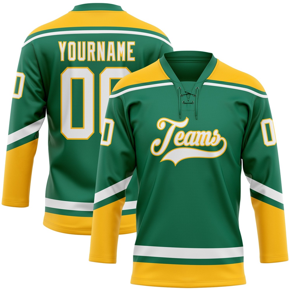 Custom Kelly Green White Gold Hockey Lace Neck Jersey, New Hockey Jersey, Personali Sport Team Jersey Shirt