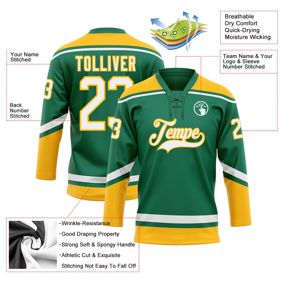 Custom Kelly Green White Gold Hockey Lace Neck Jersey, New Hockey Jersey, Personali Sport Team Jersey Shirt