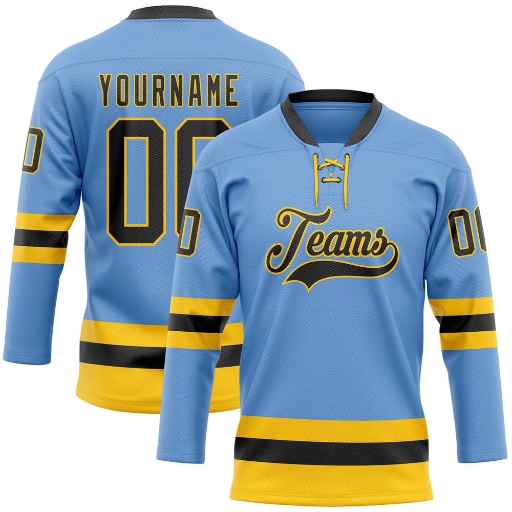 Custom Light Blue Black Yellow Hockey Lace Neck Jersey, New Hockey Jersey, Personali Sport Team Jersey Shirt