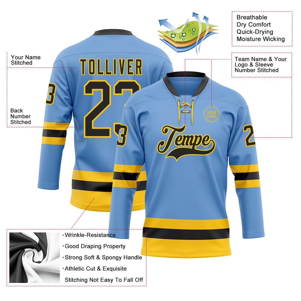 Custom Light Blue Black Yellow Hockey Lace Neck Jersey, New Hockey Jersey, Personali Sport Team Jersey Shirt