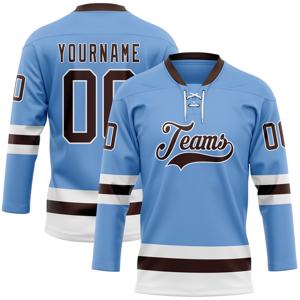 Custom Light Blue Brown White Hockey Lace Neck Jersey, New Hockey Jersey, Personali Sport Team Jersey Shirt