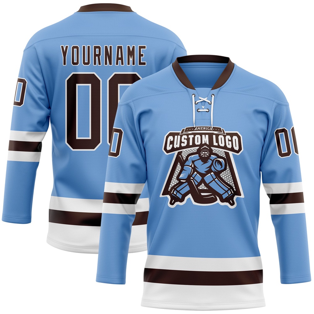 Custom Light Blue Brown White Hockey Lace Neck Jersey, New Hockey Jersey, Personali Sport Team Jersey Shirt