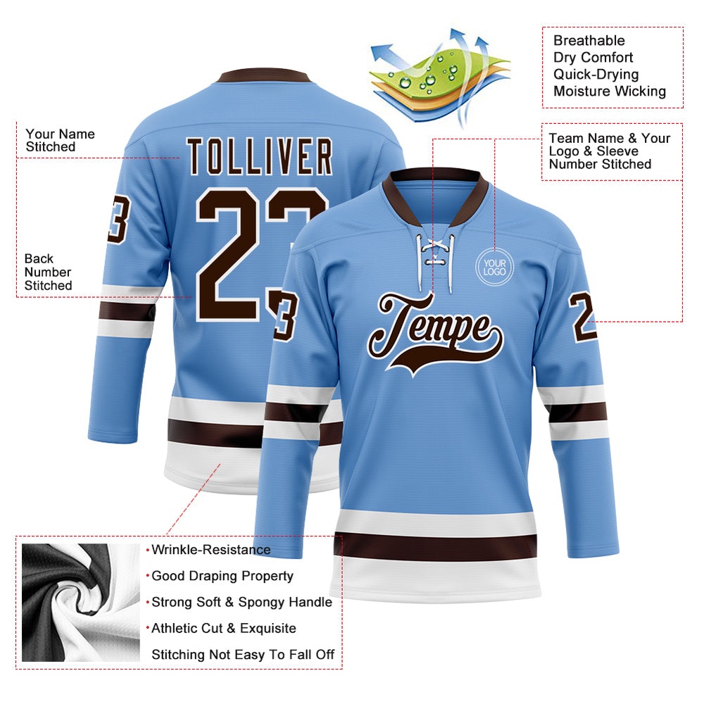 Custom Light Blue Brown White Hockey Lace Neck Jersey, New Hockey Jersey, Personali Sport Team Jersey Shirt