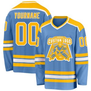 Custom Light Blue Gold White Hockey Jersey,&hellip;