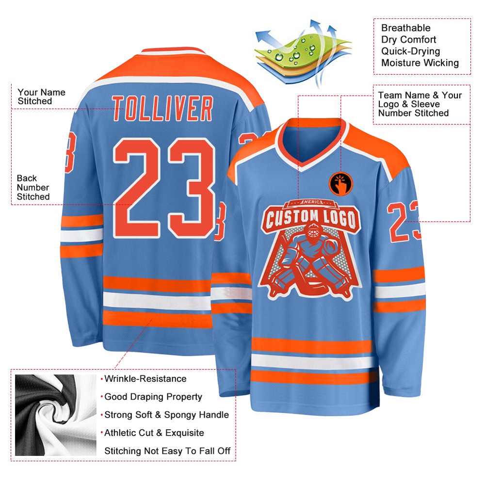 Custom Light Blue Orange White Hockey Jersey, New Hockey Jersey, Personali Sport Team Jersey Shirt