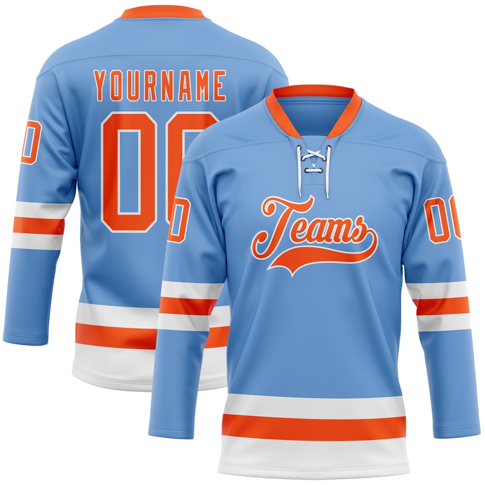 Custom Light Blue Orange White Hockey Lace Neck Jersey, New Hockey Jersey, Personali Sport Team Jersey Shirt