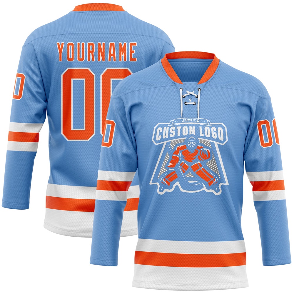 Custom Light Blue Orange White Hockey Lace Neck Jersey, New Hockey Jersey, Personali Sport Team Jersey Shirt