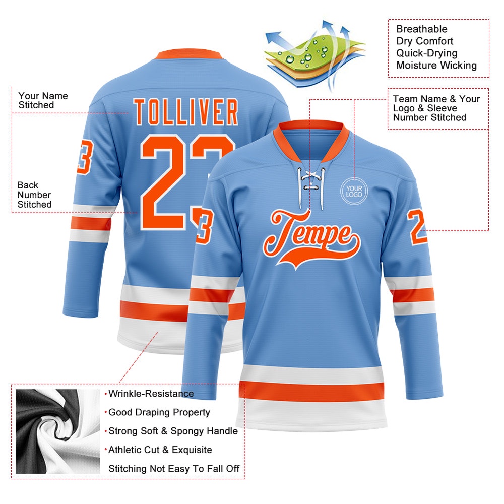 Custom Light Blue Orange White Hockey Lace Neck Jersey, New Hockey Jersey, Personali Sport Team Jersey Shirt