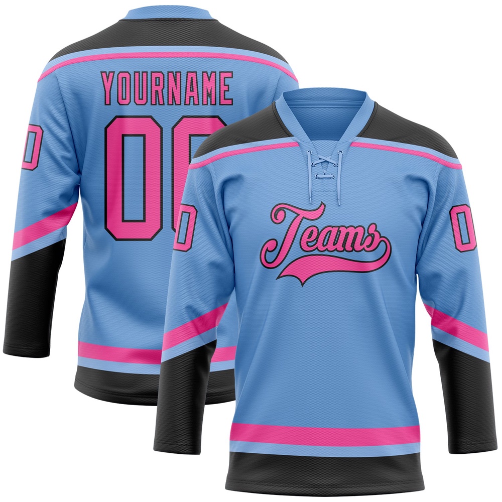 Custom Light Blue Pink Black Hockey Lace Neck Jersey, New Hockey Jersey, Personali Sport Team Jersey Shirt