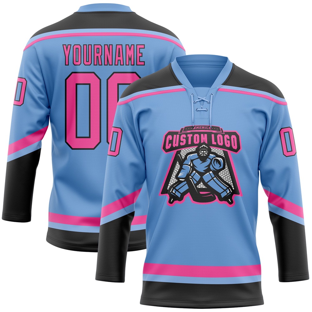 Custom Light Blue Pink Black Hockey Lace Neck Jersey, New Hockey Jersey, Personali Sport Team Jersey Shirt