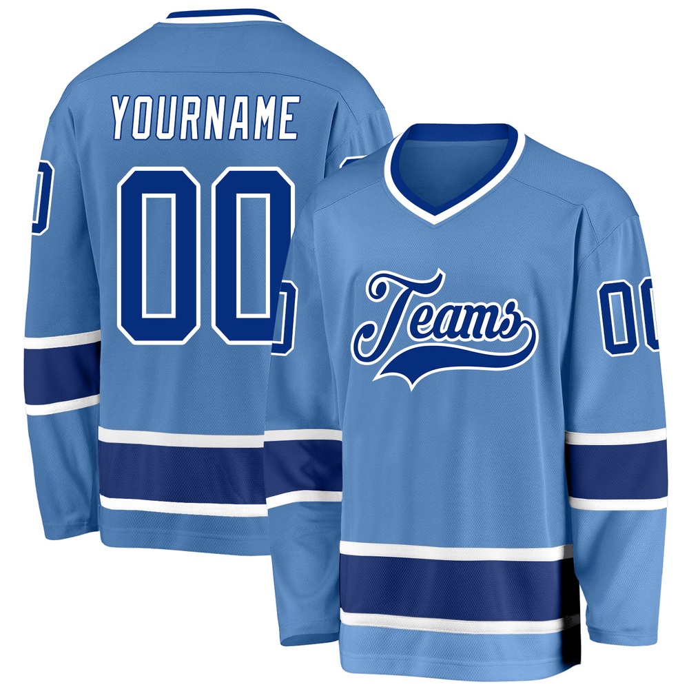 Custom Light Blue Royal White Hockey Jersey, New Hockey Jersey, Personali Sport Team Jersey Shirt Custom Light Blue Royal White Hockey Jersey, New Hockey Jersey, Personali Sport Team Jersey Shirt