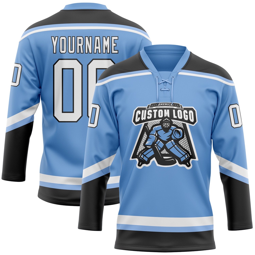 Custom Light Blue White Black Hockey Lace Neck Jersey, New Hockey Jersey, Personali Sport Team Jersey Shirt