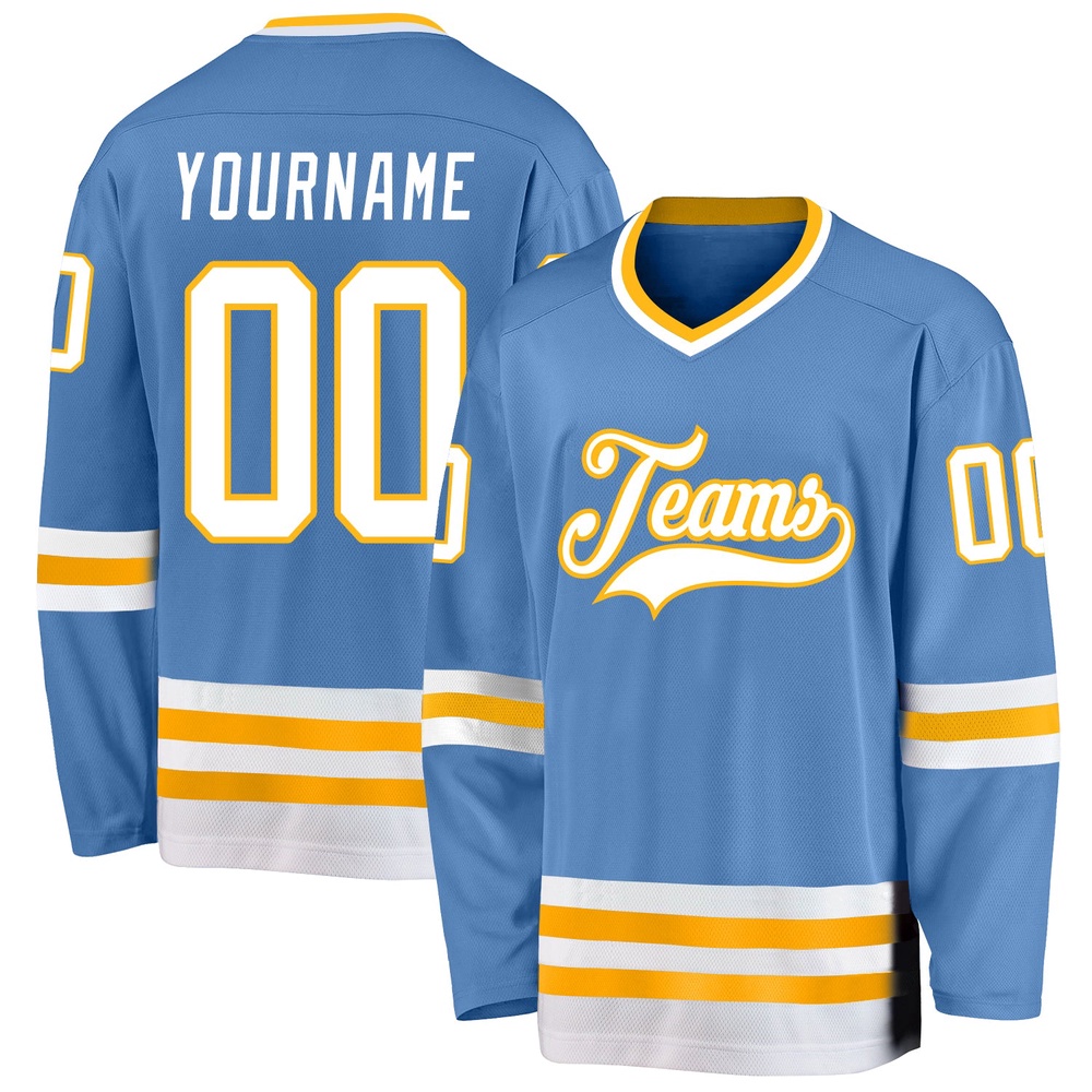 Custom Light Blue White Gold Hockey Jersey, New Hockey Jersey, Personali Sport Team Jersey Shirt Custom Light Blue White Gold Hockey Jersey, New Hockey Jersey, Personali Sport Team Jersey Shirt