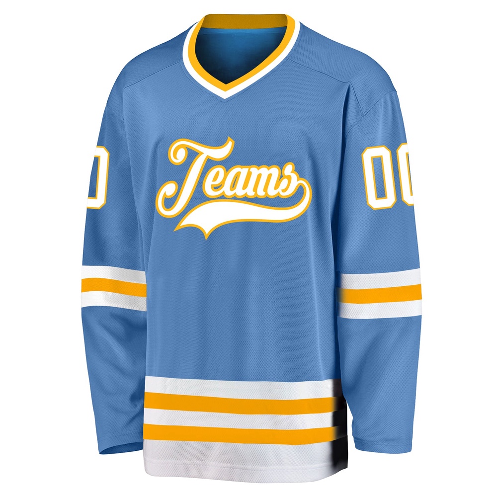 Custom Light Blue White Gold Hockey Jersey, New Hockey Jersey, Personali Sport Team Jersey Shirt Custom Light Blue White Gold Hockey Jersey, New Hockey Jersey, Personali Sport Team Jersey Shirt