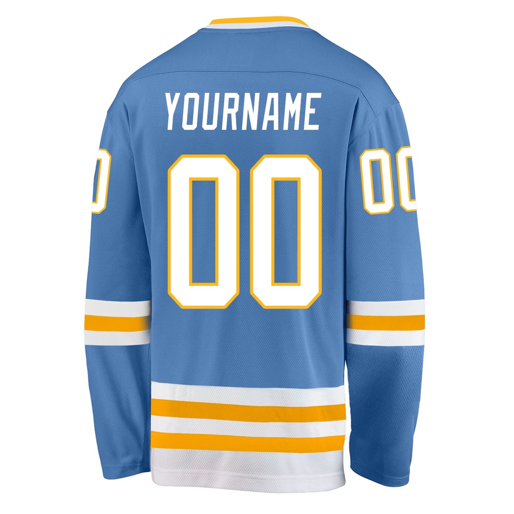 Custom Light Blue White Gold Hockey Jersey, New Hockey Jersey, Personali Sport Team Jersey Shirt Custom Light Blue White Gold Hockey Jersey, New Hockey Jersey, Personali Sport Team Jersey Shirt