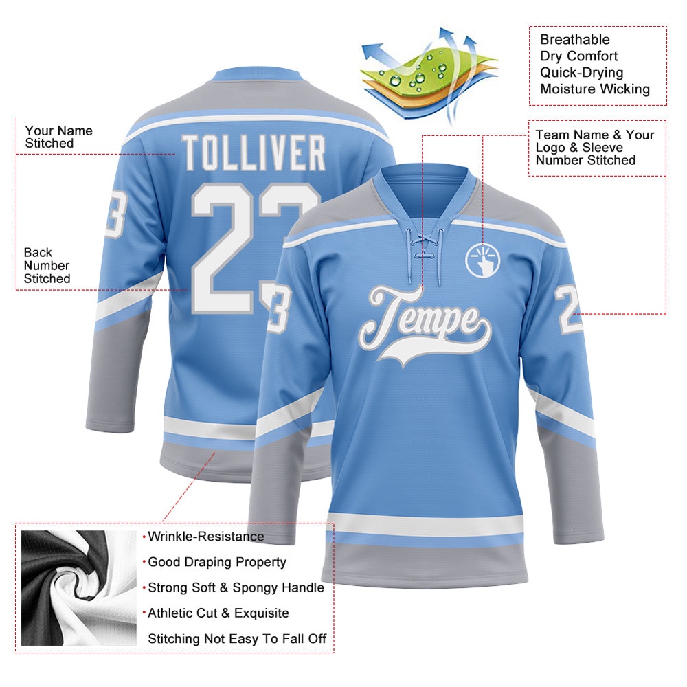 Custom Light Blue White Gray Hockey Lace Neck Jersey, New Hockey Jersey, Personali Sport Team Jersey Shirt