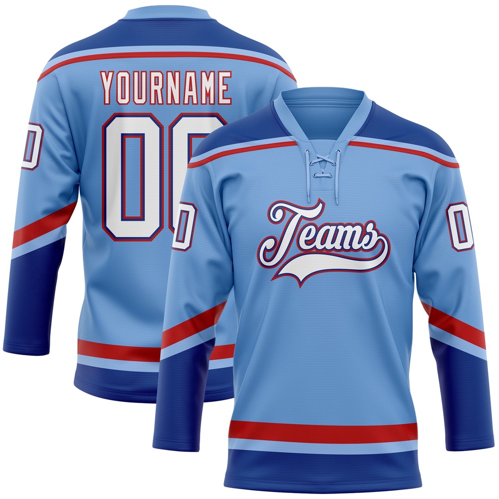 Custom Light Blue White Royal Red Hockey Lace Neck Jersey, New Hockey Jersey, Personali Sport Team Jersey Shirt Custom Light Blue White Royal Red Hockey Lace Neck Jersey, New Hockey Jersey, Personali Sport Team Jersey Shirt