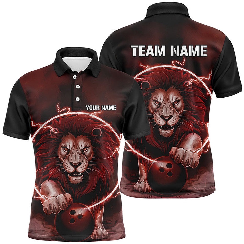 Custom Lion Bowling Polo Shirts For Men, Bowling Shirts Bowling Uniform Red, Personalized Bowling Team Shirt Custom Lion Bowling Polo Shirts For Men, Bowling Shirts Bowling Uniform Red, Personalized Bowling Team Shirt
