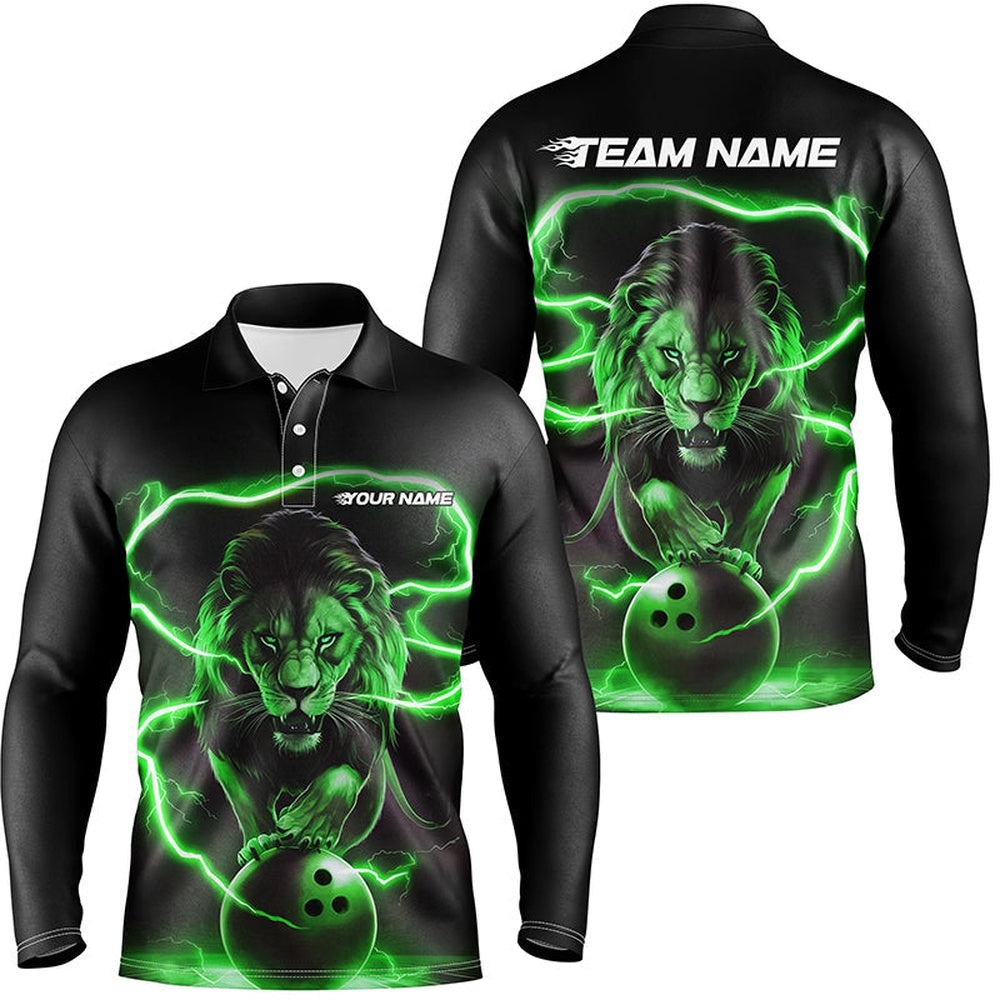 Custom Lion Long Sleeve Bowling Polo Shirts For Men, Bowling Shirts Bowling Uniform Green, Personalized Bowling Team Shirt
