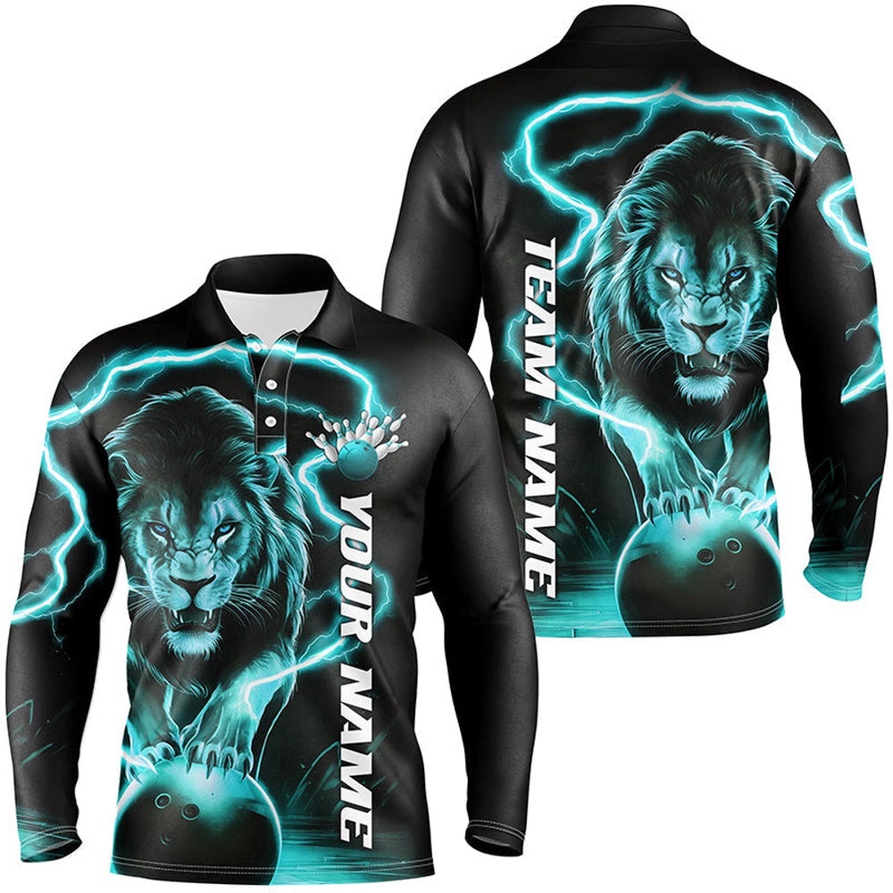 Custom Lion Long Sleeve Bowling Shirts For Men, Lion Bowling Team Shirts Outfit Blue, Personalized Bowling Team Shirt
